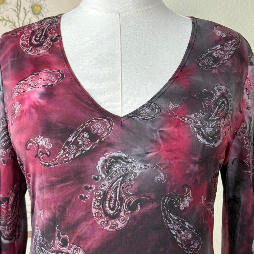 90s Y2k Paisley Glitter Flare Sleeve Top Dark Fairy Whimsigoth Witchy Vampire XL - Picture 5 of 9